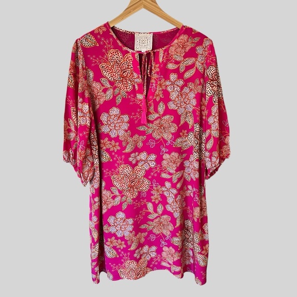 Johnny Was Vesna Floral Pink Silk Puff Sleeves Dress. - Picture 1 of 4